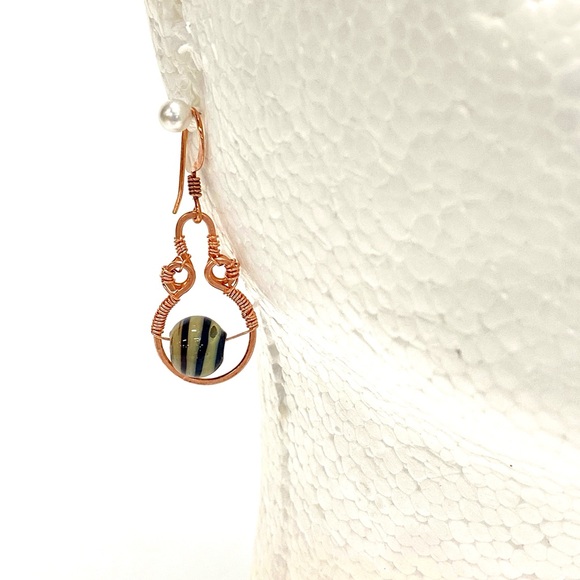 HANDMADE Vintage Glass Bead Hand Wrapped with Hand Hammered Bare Copper Earrings - Picture 9 of 10